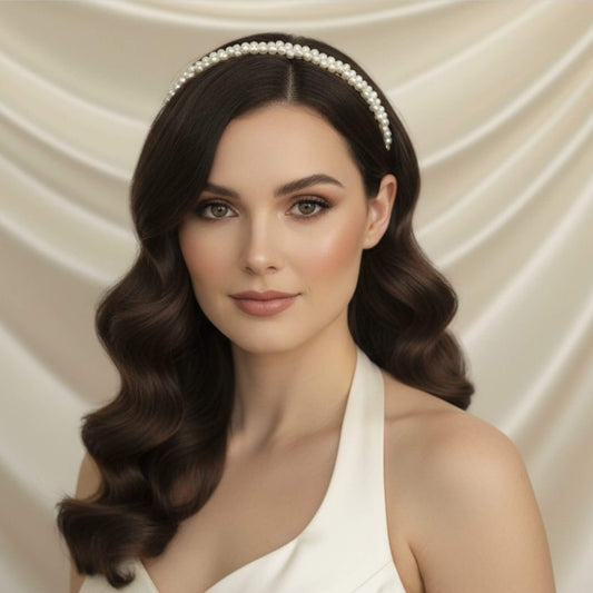 Close-up detail of soft‑white premium glass pearls on a double‑row bridal headband.