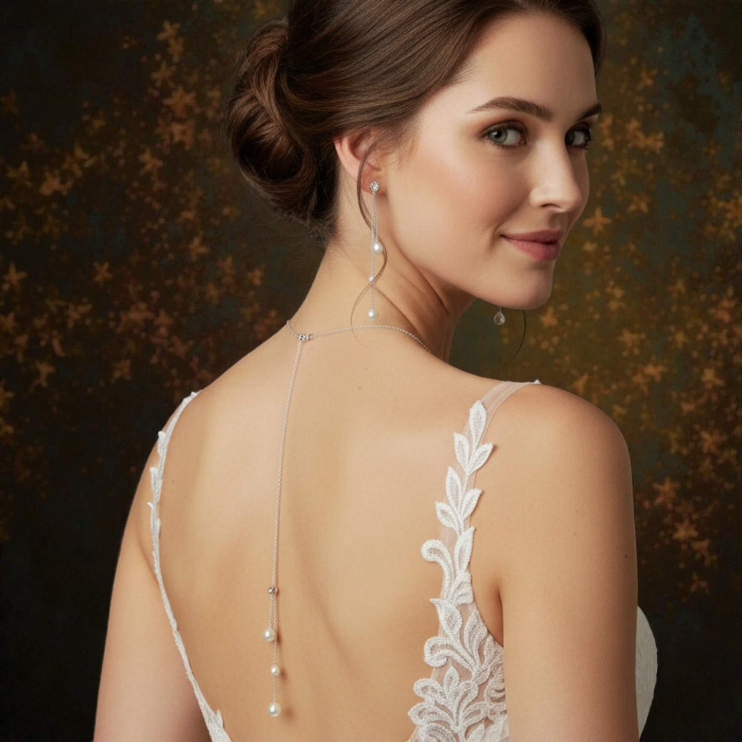 Woman wearing a white lace dress with a dark starry background