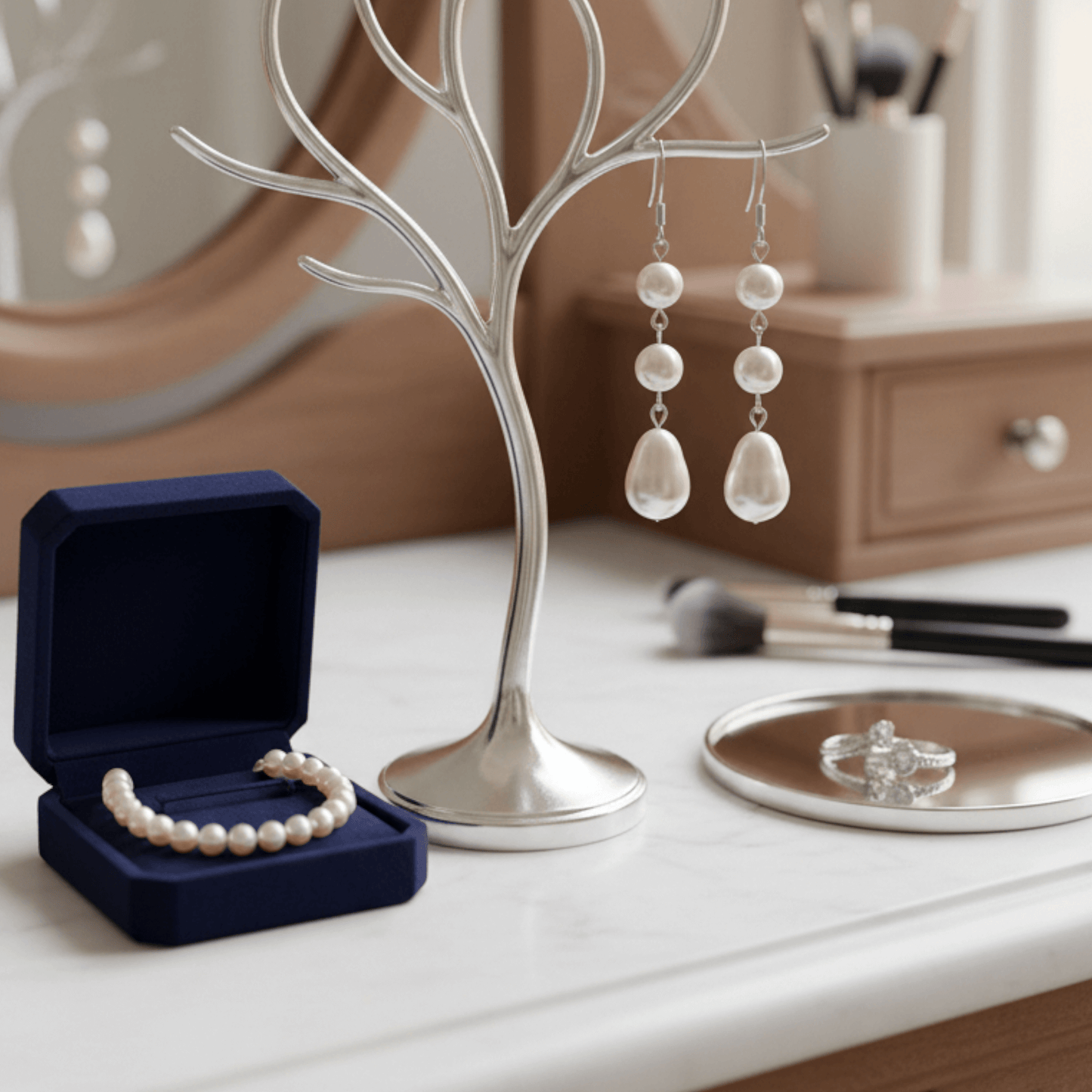 Pearl jewelry set with earrings on a tree stand and bracelet in an open box on a vanity.