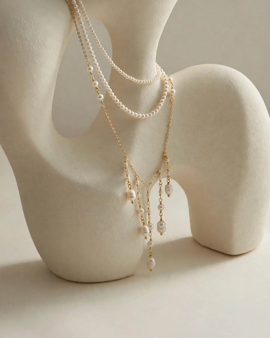 Freshwater Pearl Bridal Necklace with Cascading Pearl Drops, Wedding Jewellery