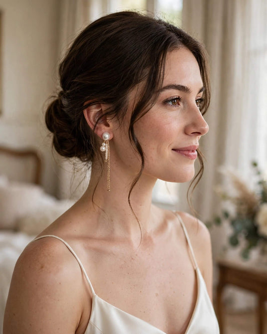 A woman in profile wearing a pearl drop earring with a gold chain and teardrop charm, styled in a soft bridal look with a cream satin top in a bright, softly lit room.