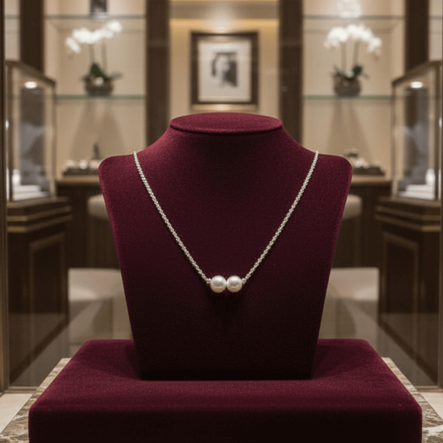 Pearl necklace on a mannequin bust in a jewelry store setting