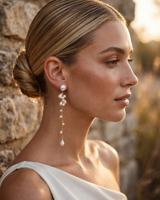 A woman in profile wearing a long pearl drop earring, photographed outdoors against a warm-toned stone wall and blurred natural background.