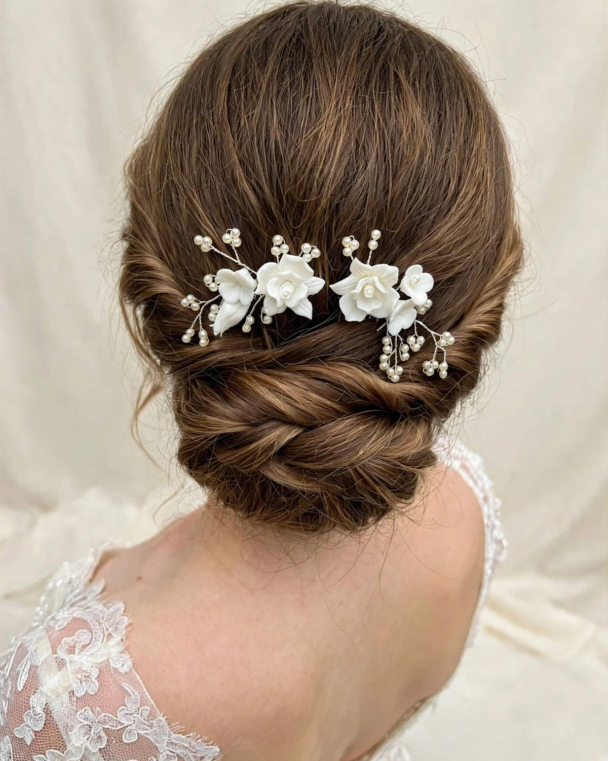 Bridal Hair Comb Set with Porcelain Flowers & Glass Pearls – Handcrafted