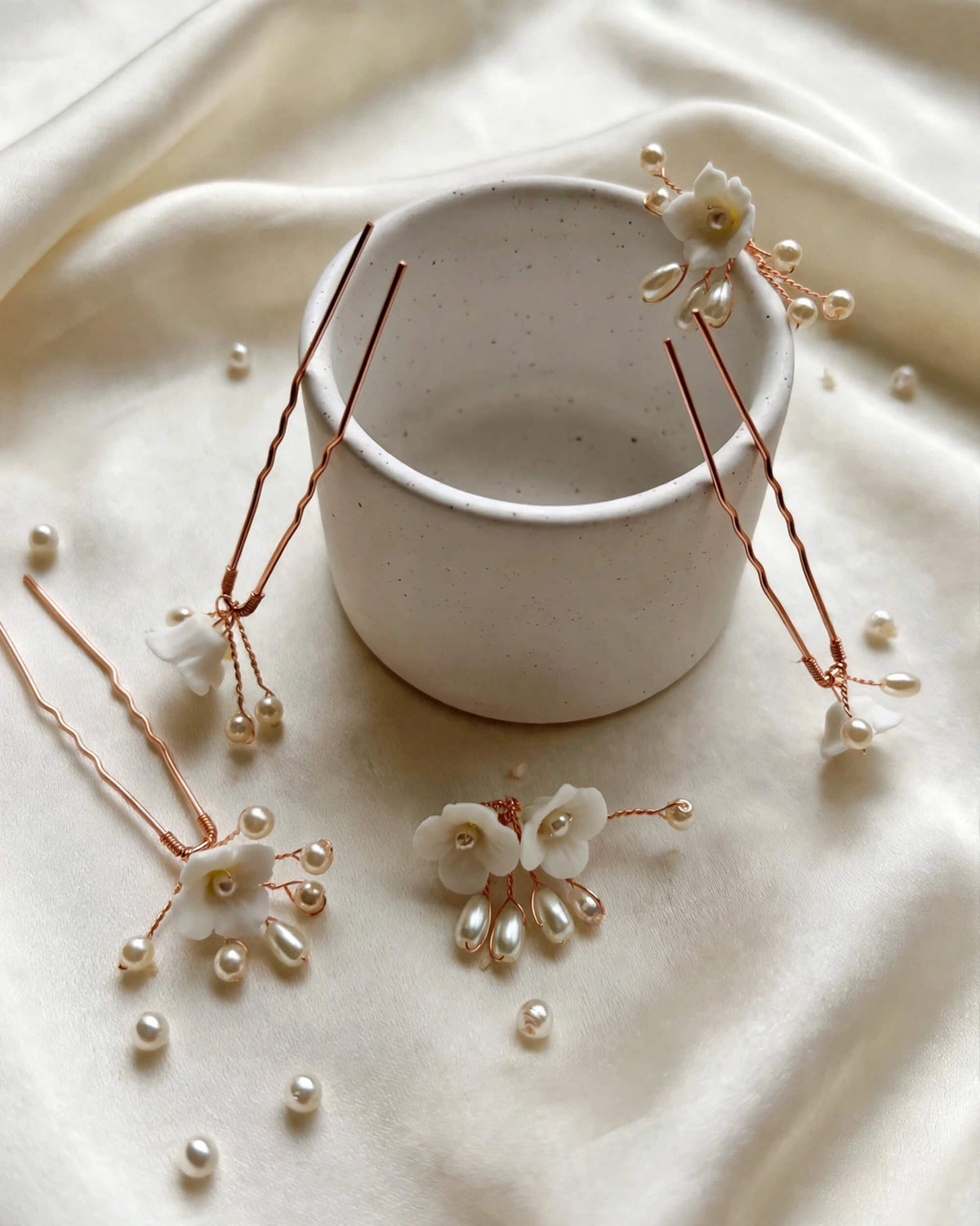 Pearl Hair Pins with Porcelain Flowers – Floral Bridal Hair Accessory
