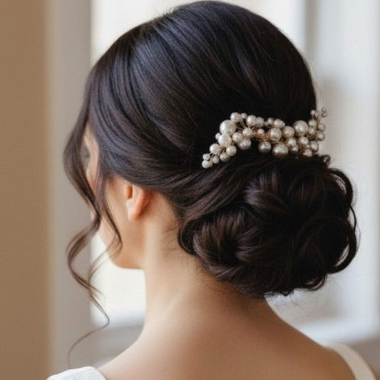 gold pearl bridal hairpiece placed in a textured bridal bun.