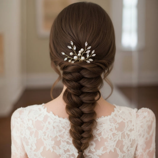Woman with braided hair wearing a decorative hairpin, wearing a white lace top.