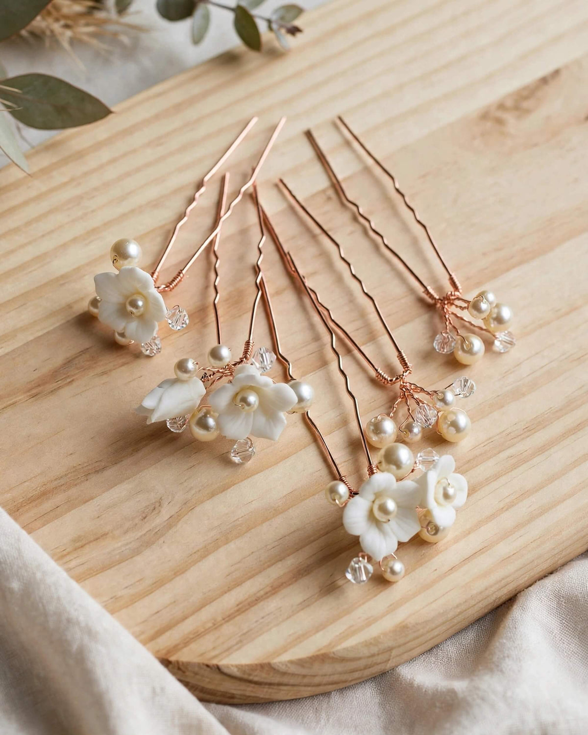 Pearl Hair Pins with Porcelain Flowers & Crystal – Floral Wedding Hair Accessory