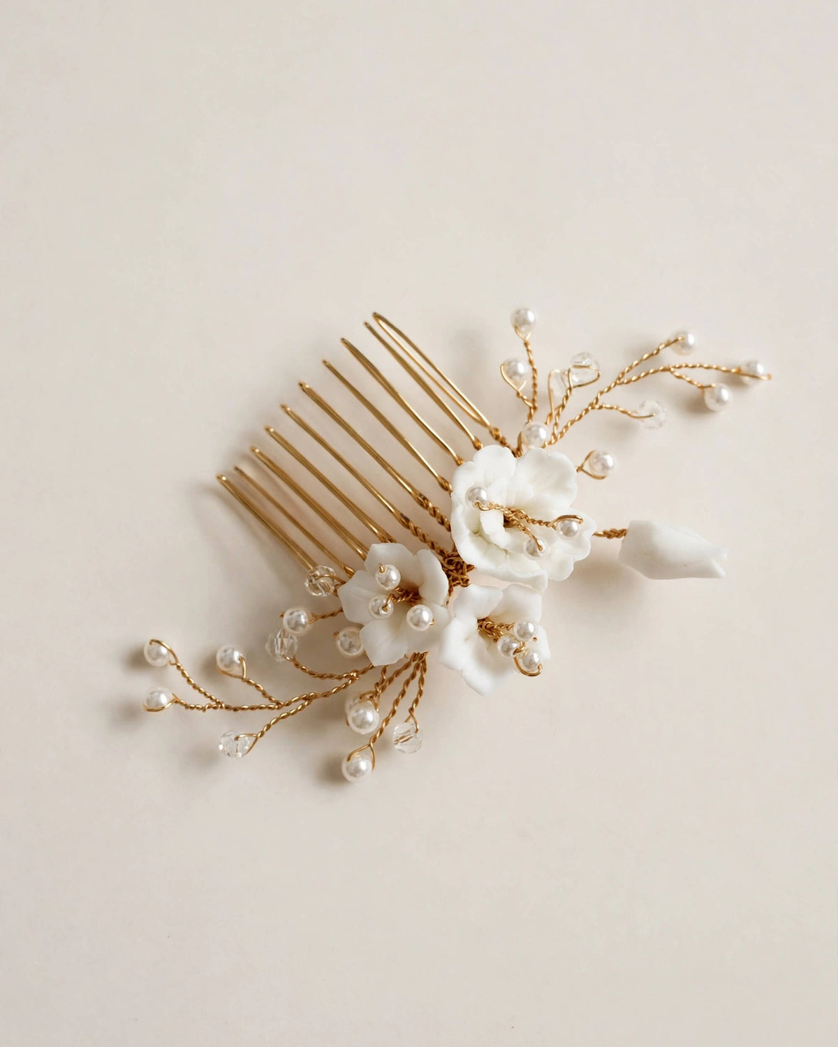 Bridal Hair Comb with Porcelain Flowers & Glass Pearls – Wedding Hair Accessory