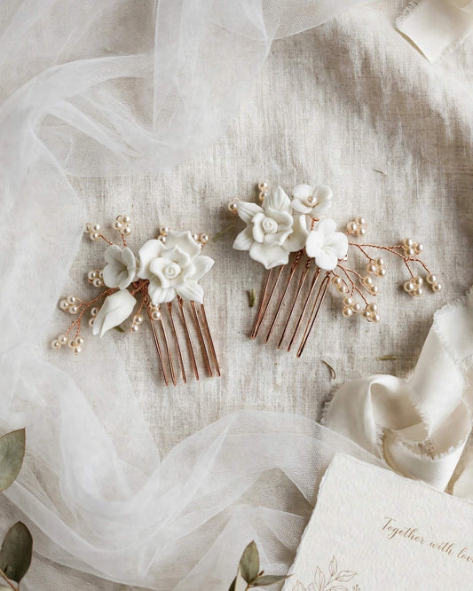 Bridal Hair Comb Set with Porcelain Flowers & Glass Pearls – Handcrafted