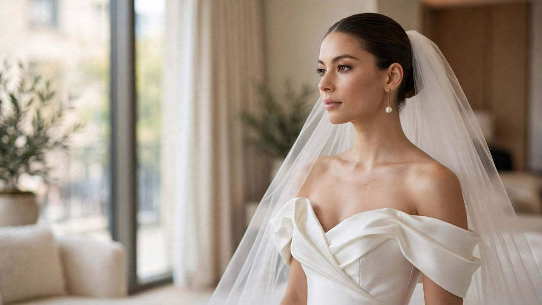 Bride wearing pearl earrings with an elegant ivory wedding dress