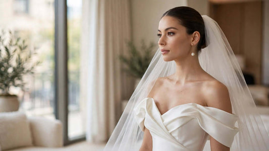 Bride wearing pearl earrings with an elegant ivory wedding dress