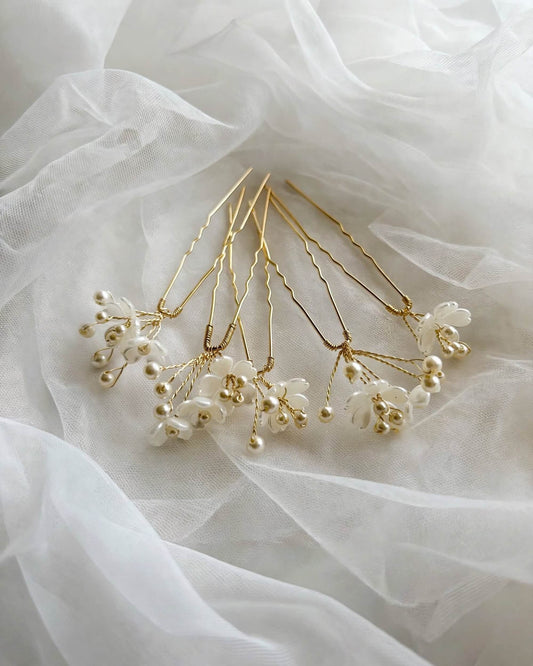 Bridal Floral Pearl Hair Pins Set of 5 – Crystal Wedding Hair Accessories, Gold, Silver, Rose Gold