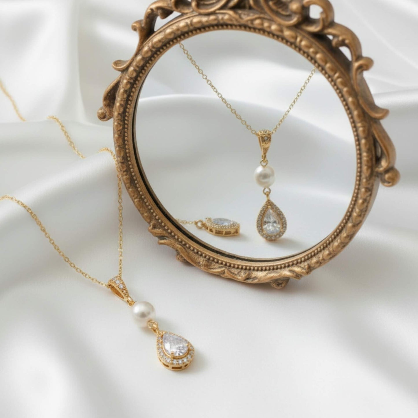 Close‑up of elegant pearl and crystal pendant necklace for bridal styling