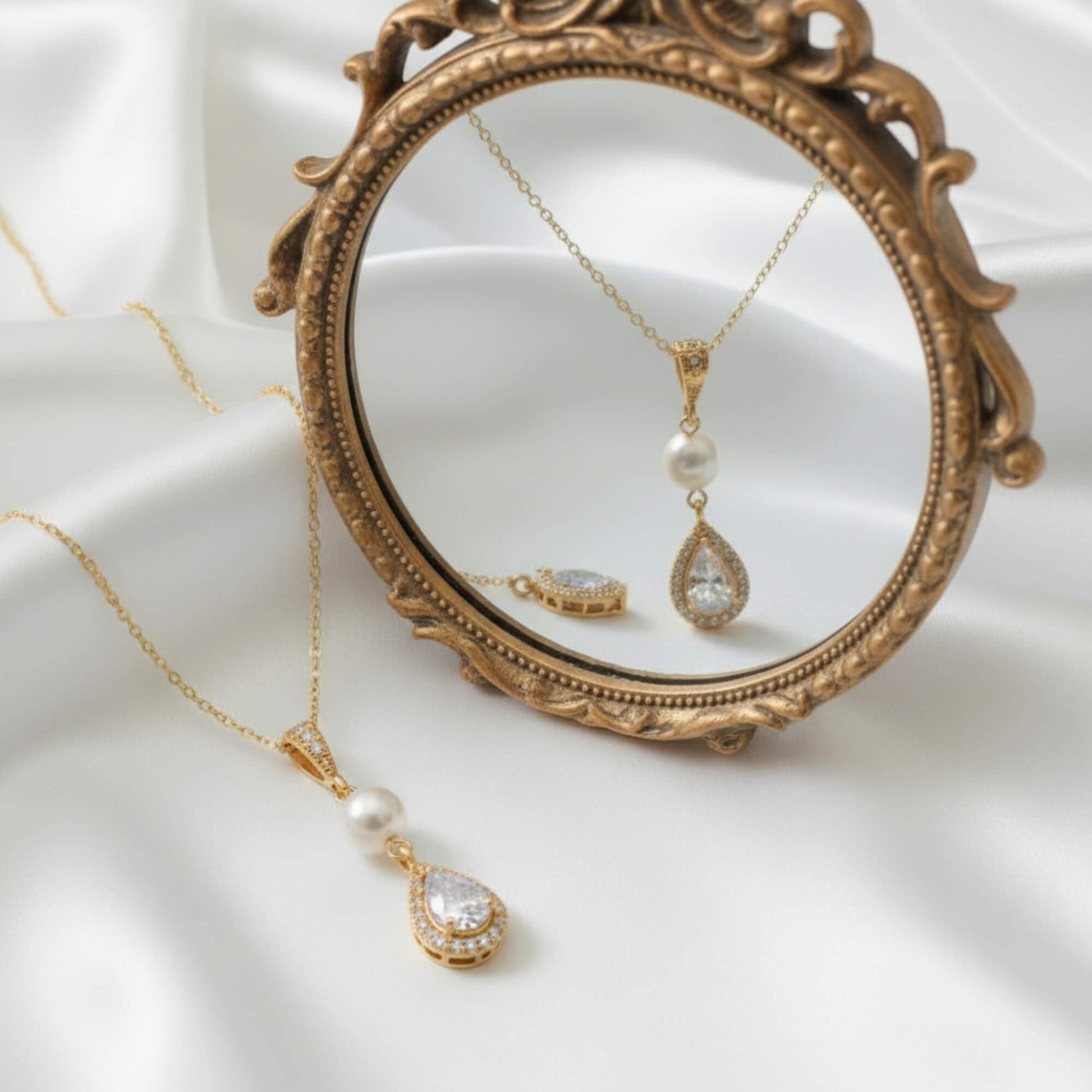 Close‑up of elegant pearl and crystal pendant necklace for bridal styling