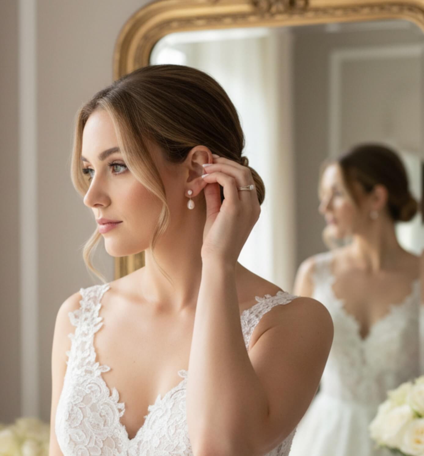 S925 silver freshwater pearl double-drop earrings photographed on model