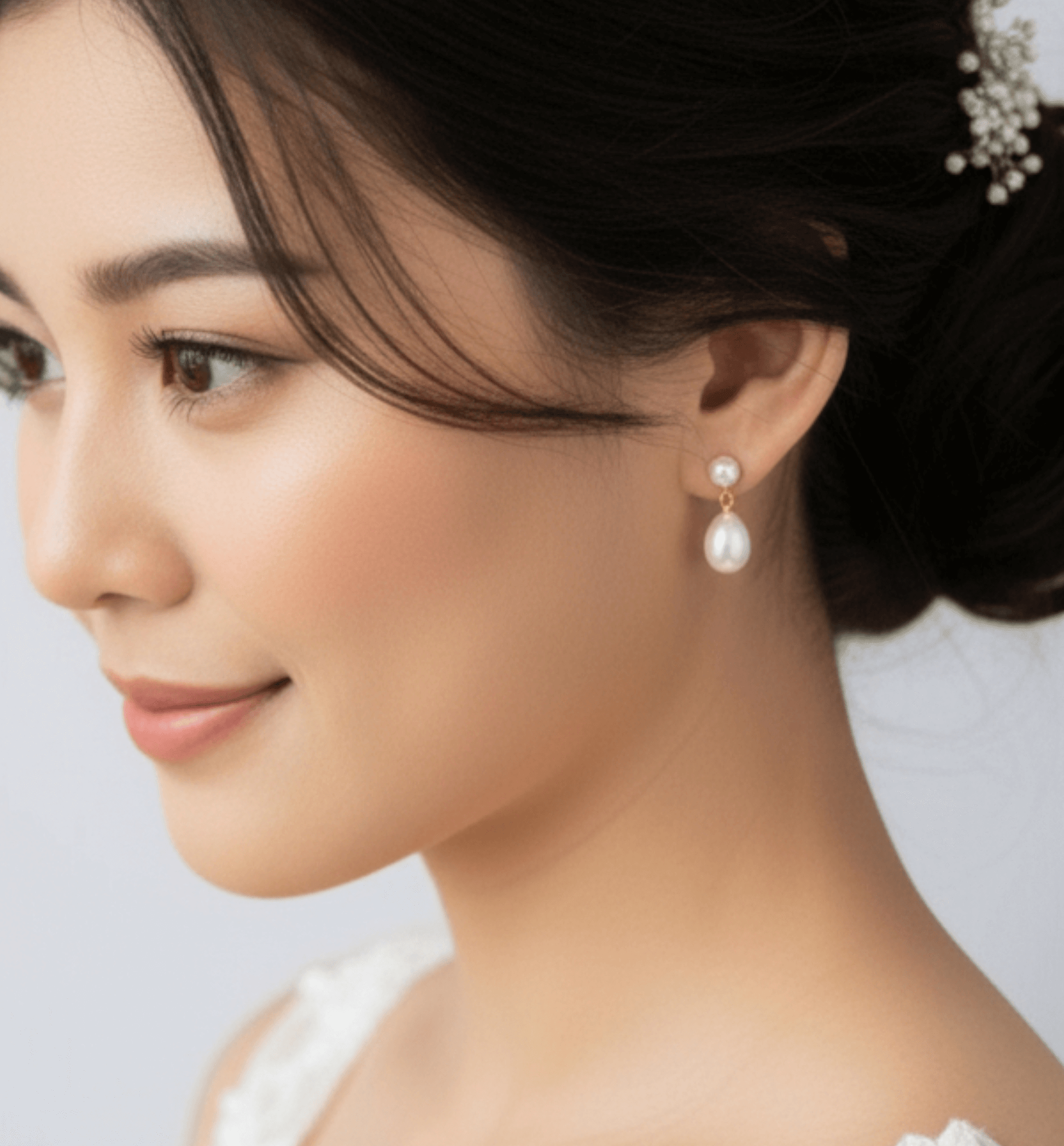S925 silver freshwater pearl teardrop earrings photographed on bride
