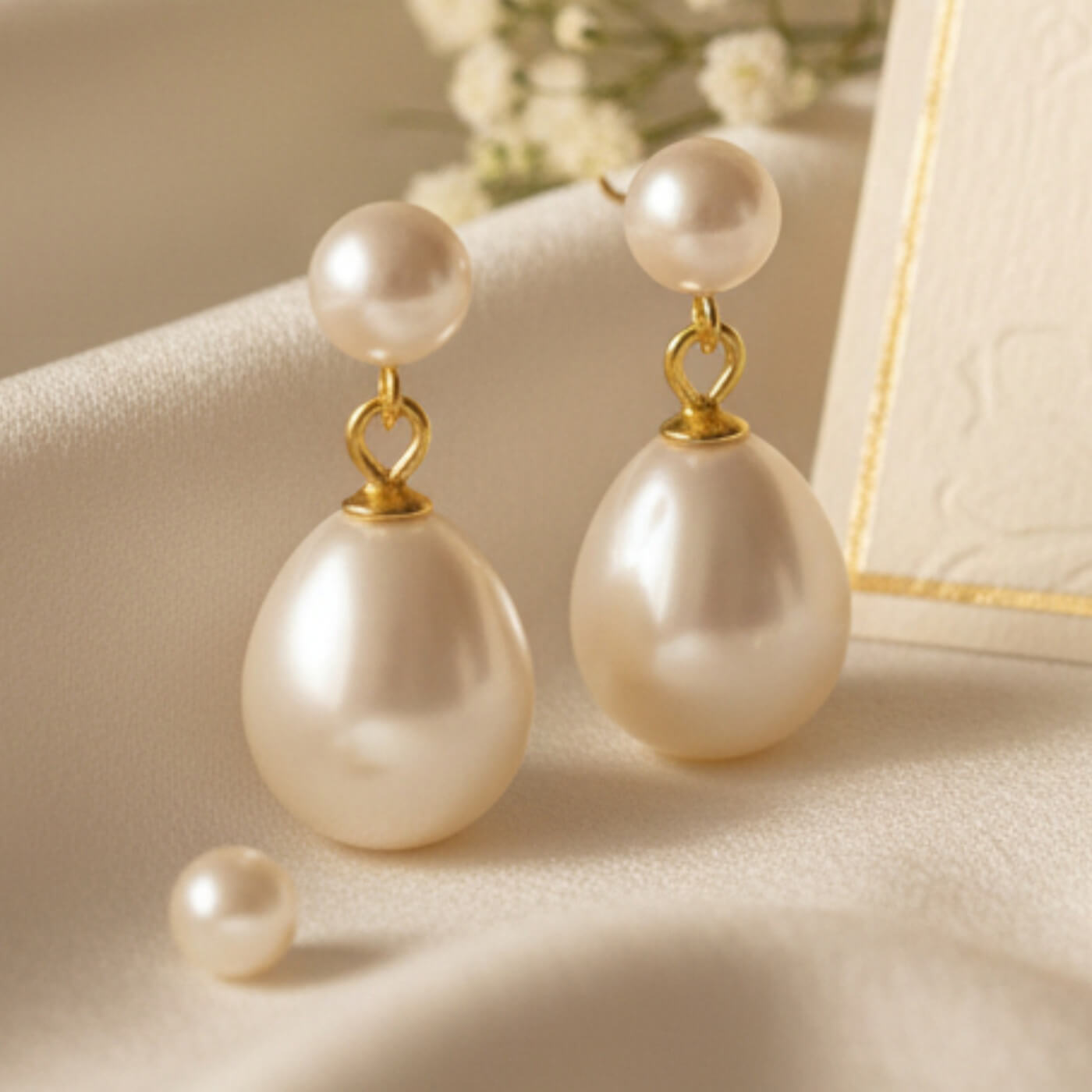 S925 silver freshwater pearl drop earrings photographed on cream fabric background