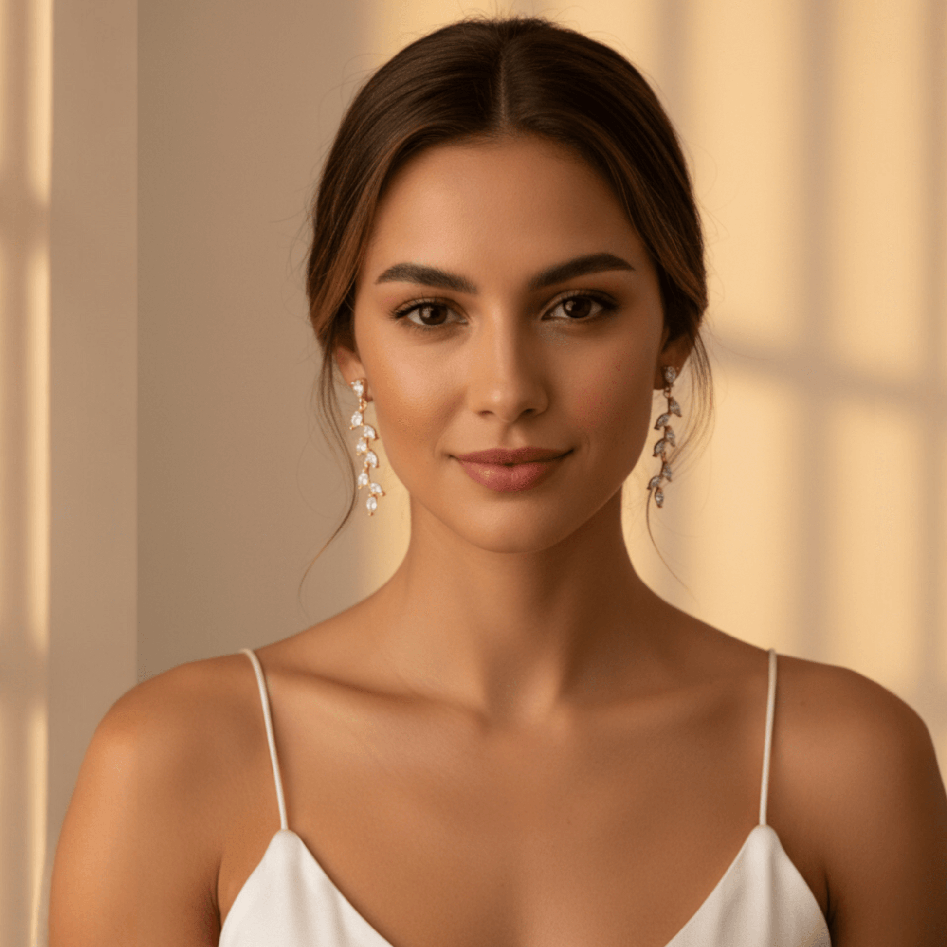 14K gold drop earrings photographed on model