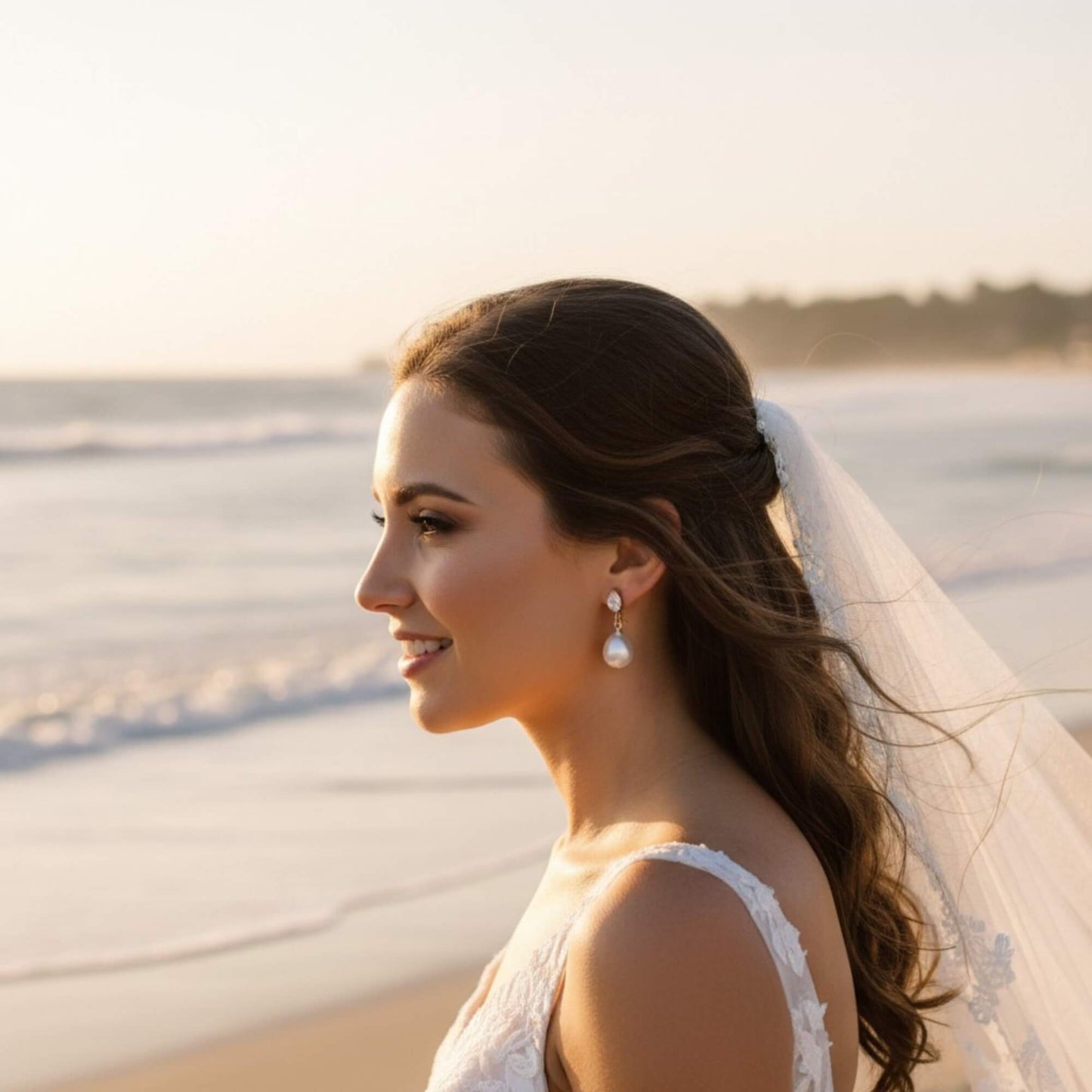 Bride walking along the beach wearing pearl drop earrings, gentle breeze, warm natural tones.