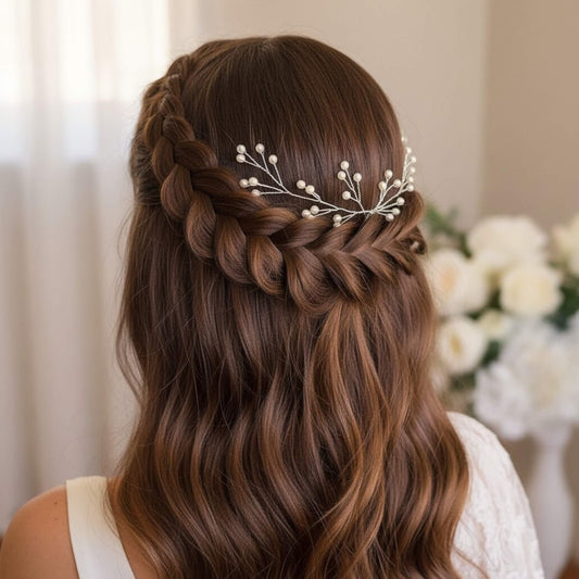 Bride wearing a simple pearl hairvine in a half‑up hairstyle