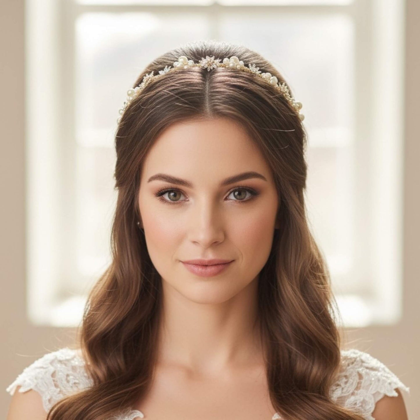 Gold zircon headband styled on bride with soft waves
