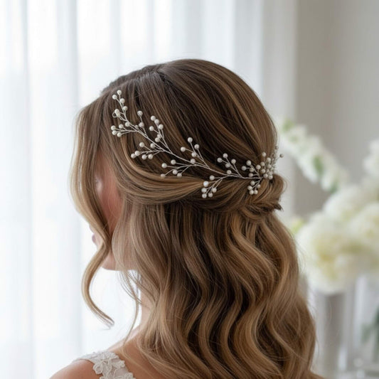 Soft waves styled with a delicate pearl hairvine