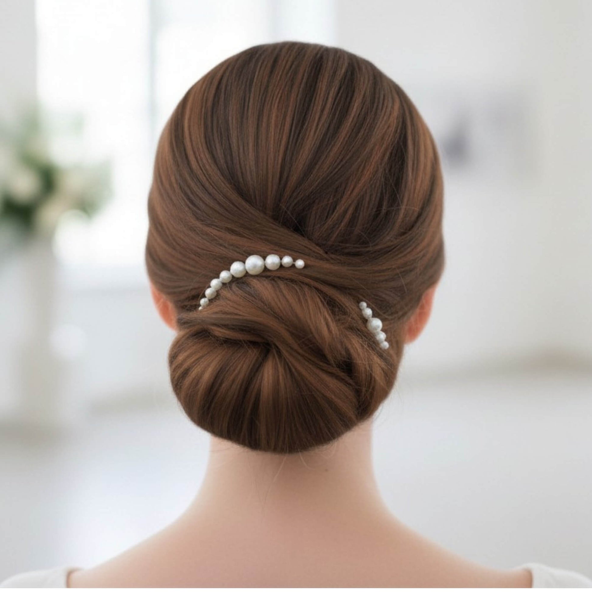 Bride wearing a sleek low bun decorated with a curved pearl hair accessory.