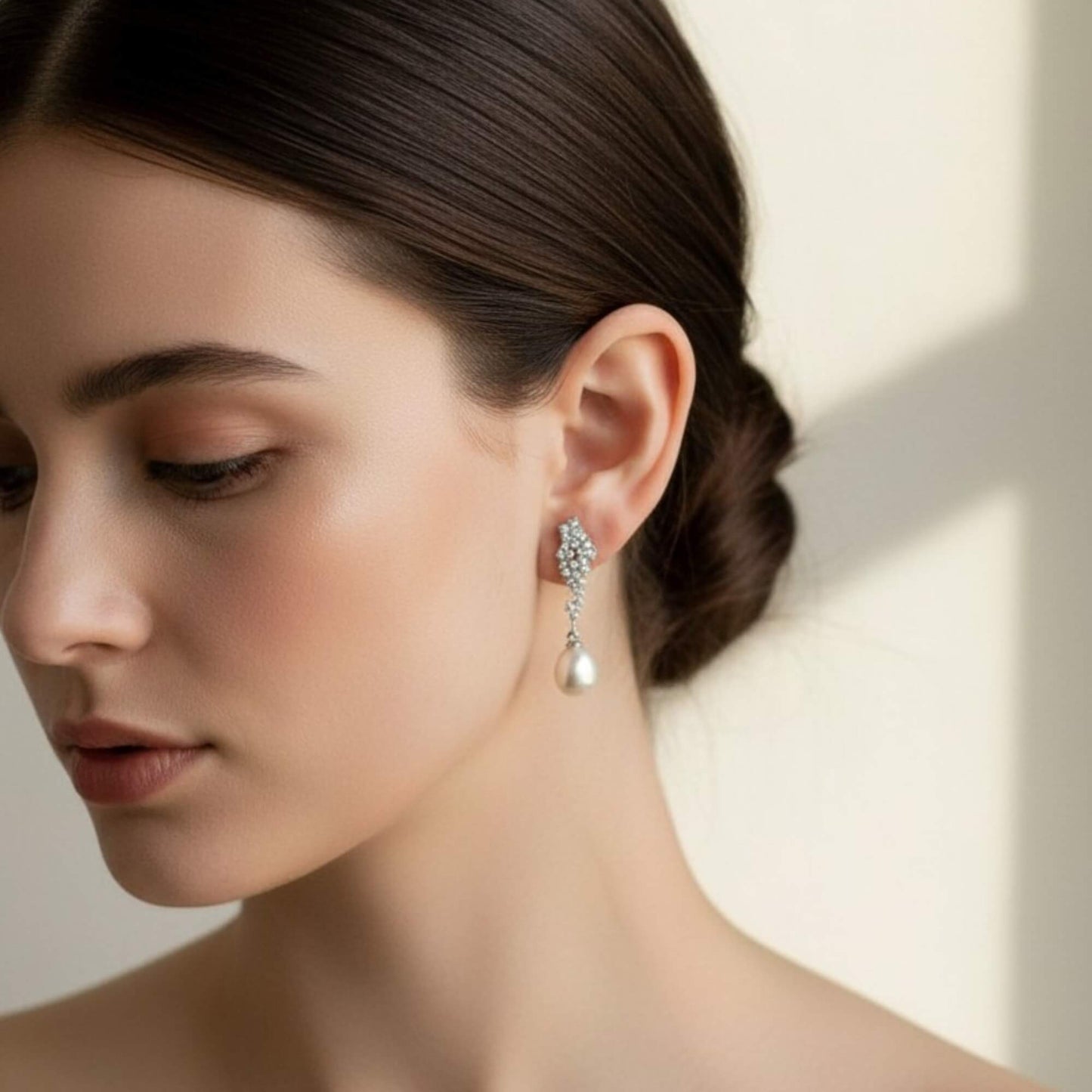 Soft bridal close-up of bride wearing gold pearl drop earrings, warm natural lighting and elegant styling.