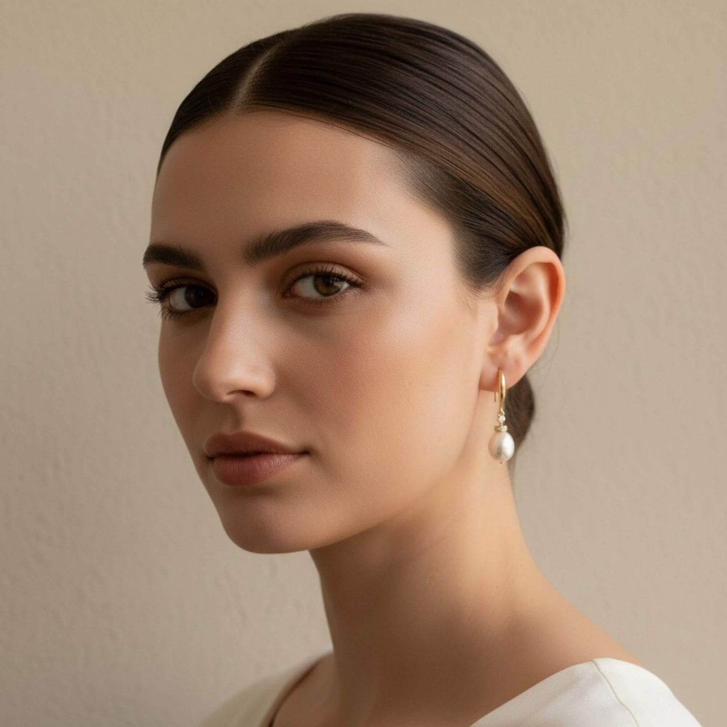 Side view of bride showing gold hook earrings with white pearl drop, refined and minimal styling.