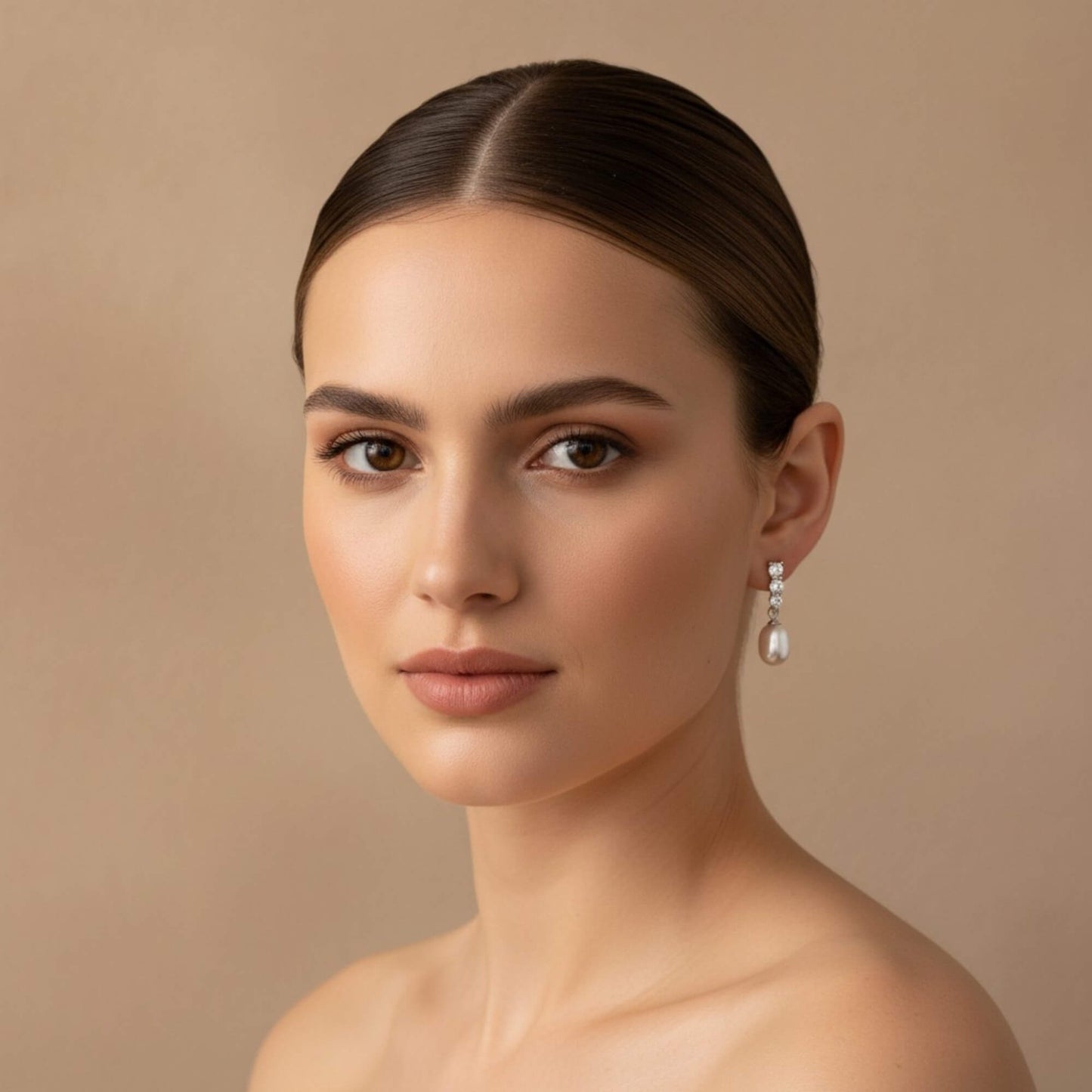 Close-up of bride wearing gold hook earrings with white pearl drop and zirconia accent, soft warm bridal lighting.