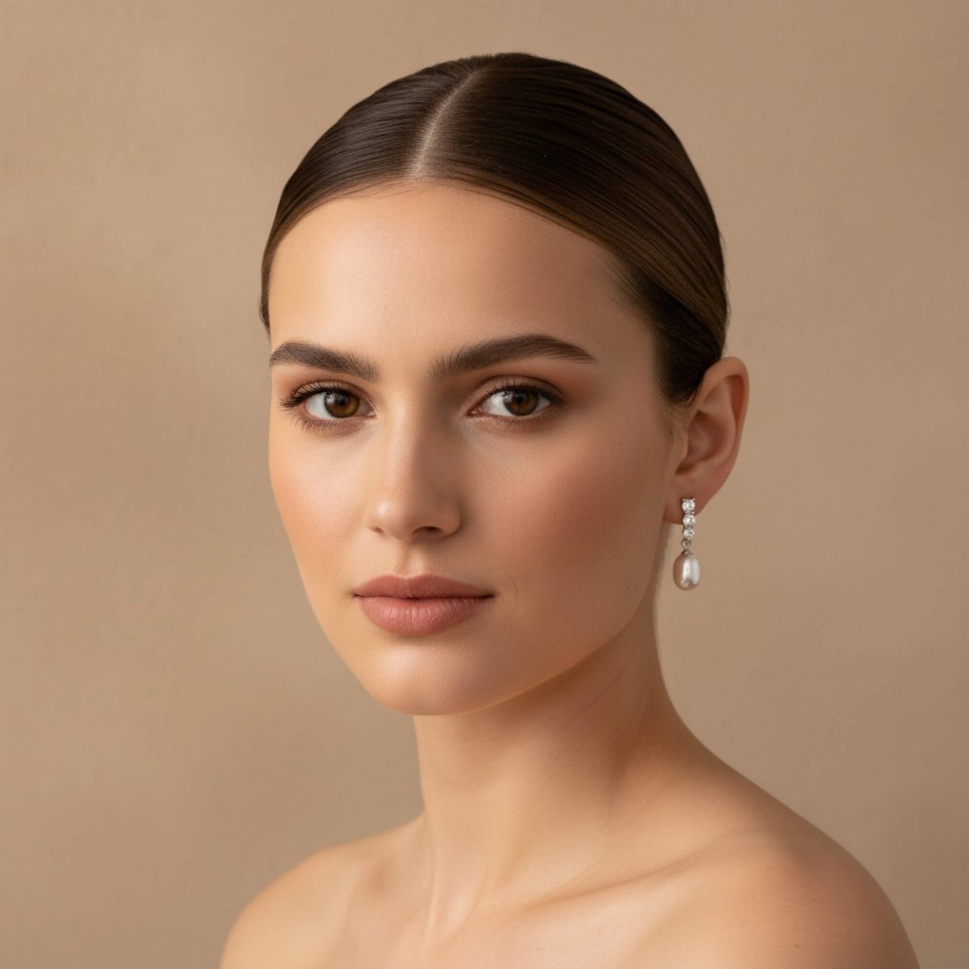 Close-up of bride wearing gold hook earrings with white pearl drop and zirconia accent, soft warm bridal lighting.