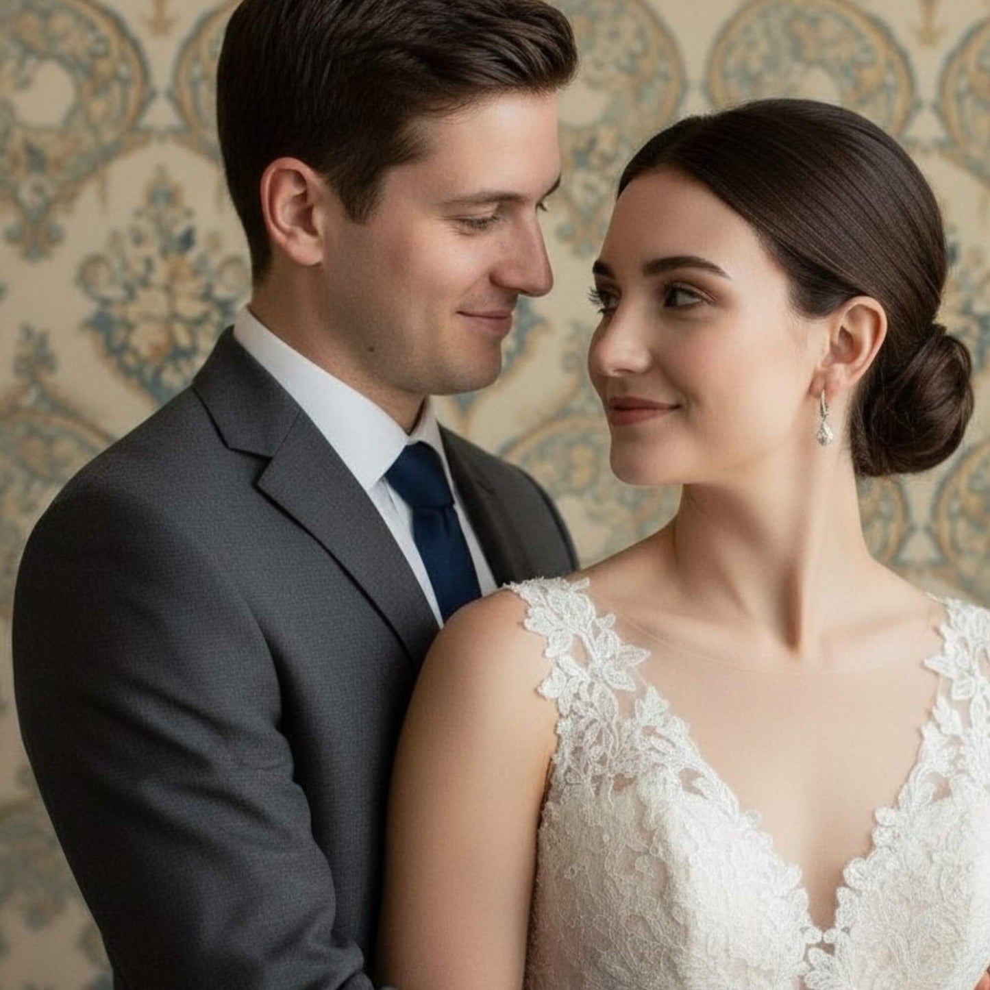 Close-up of bride wearing silver hoop earrings with ivory drop charm, soft lighting and elegant bridal styling.