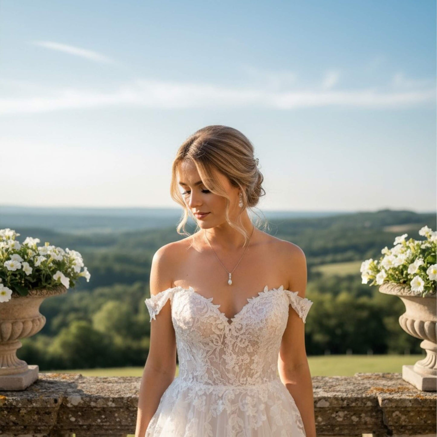 Bride wearing silver teardrop pearl necklace, close‑up on pendant with soft bridal lighting, elegant Australian wedding style.