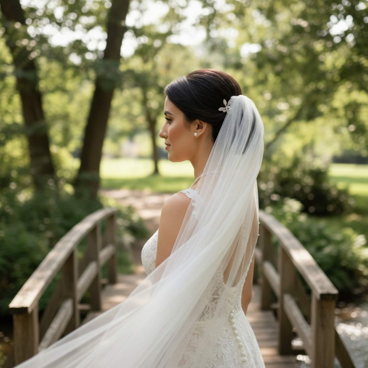 Bride wearing pearl earrings in warm golden hour light with groom softly blurred behind her.
