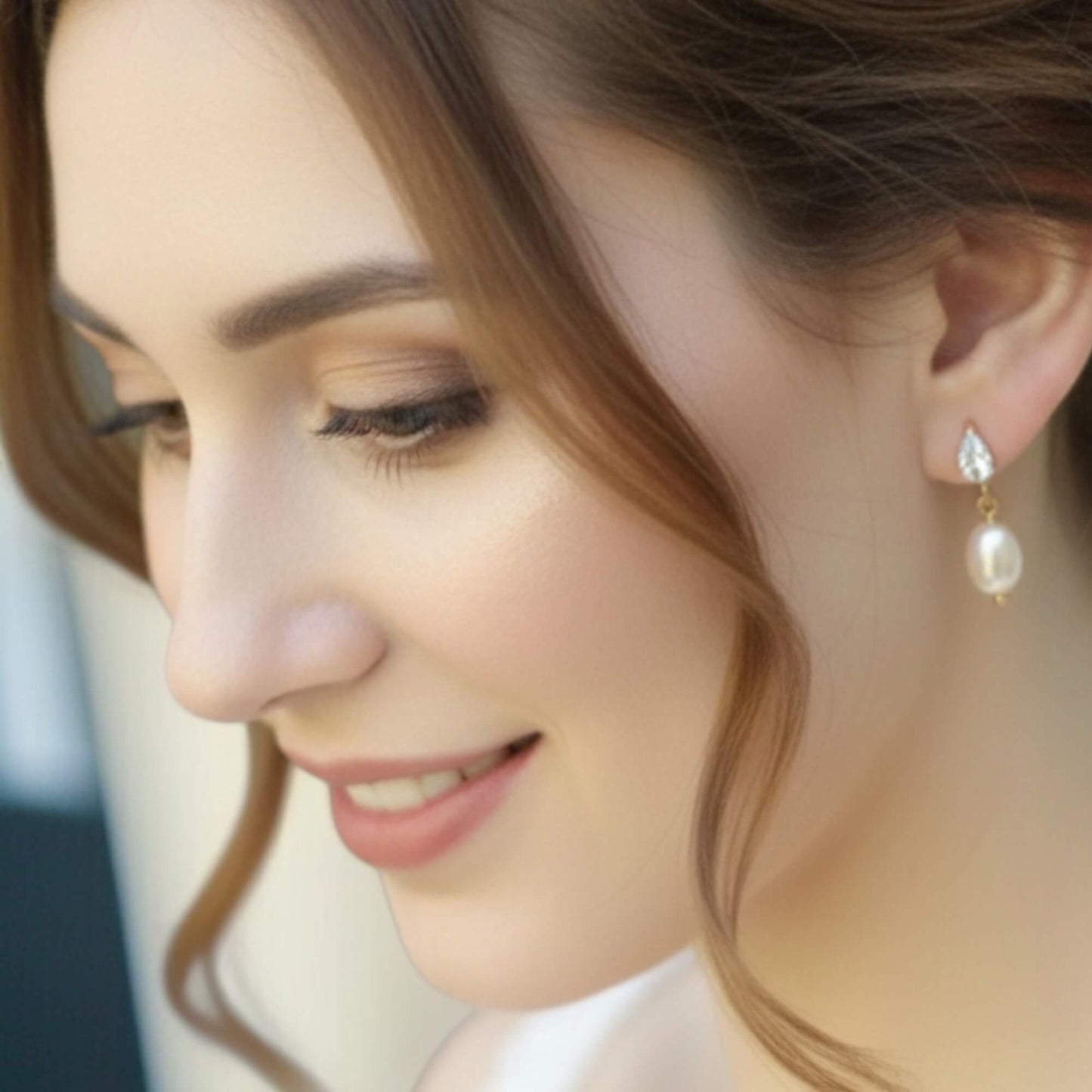 Close-up of a woman wearing pearl earrings with a blurred background