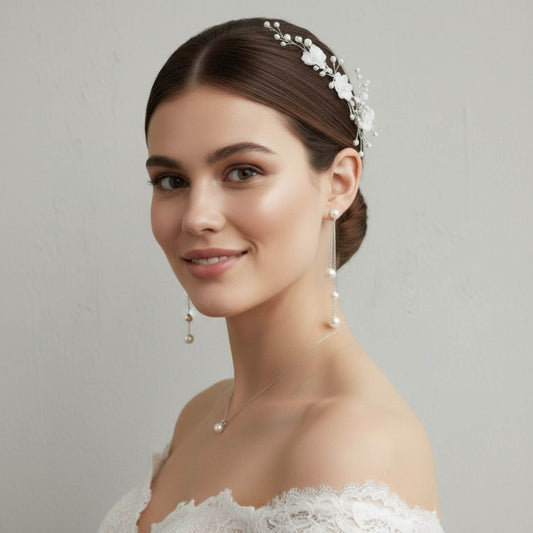 Close‑up bridal portrait showing delicate rose gold chain earrings with pearls