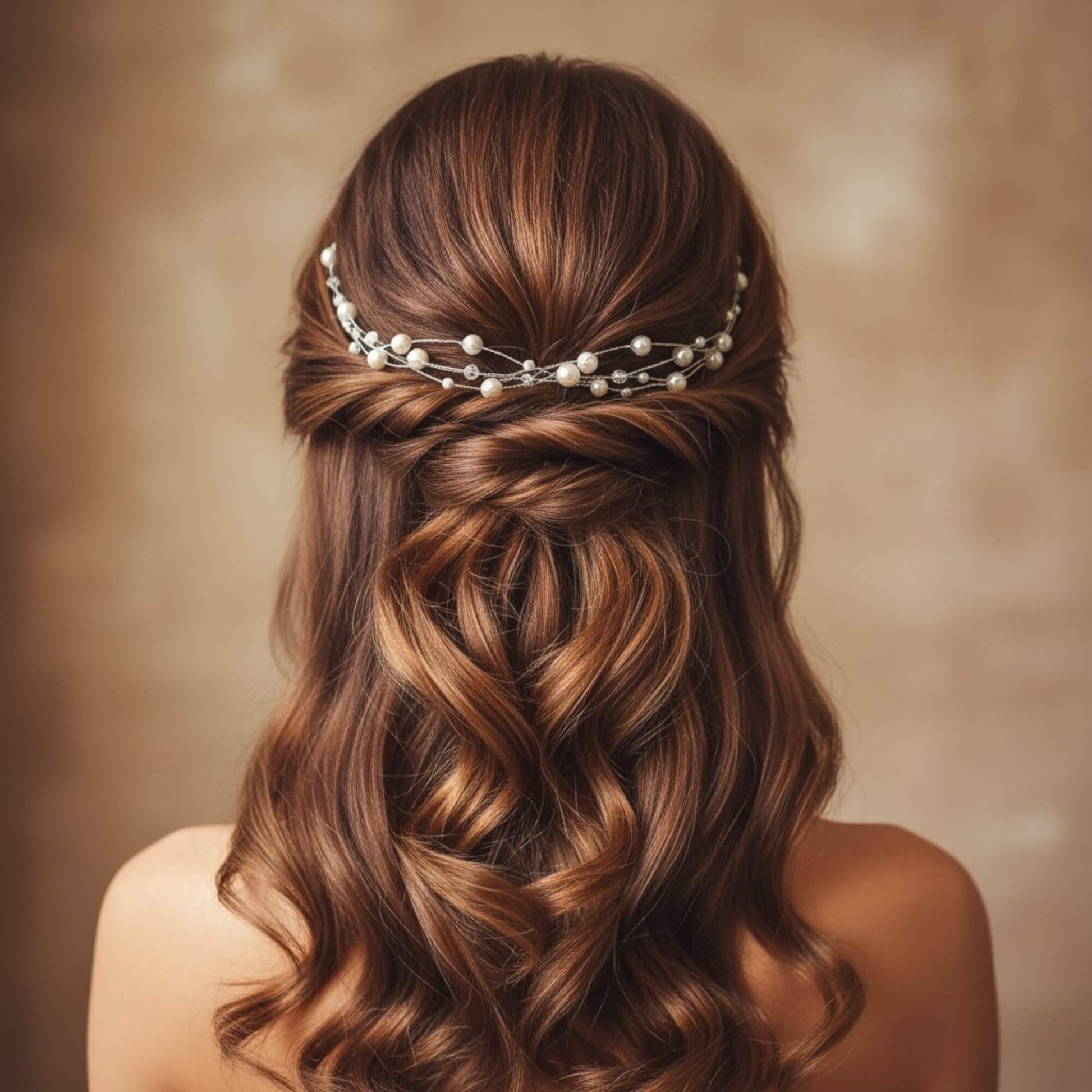 Bridal hairvine with small pearls and clear beads arranged in thin strands.