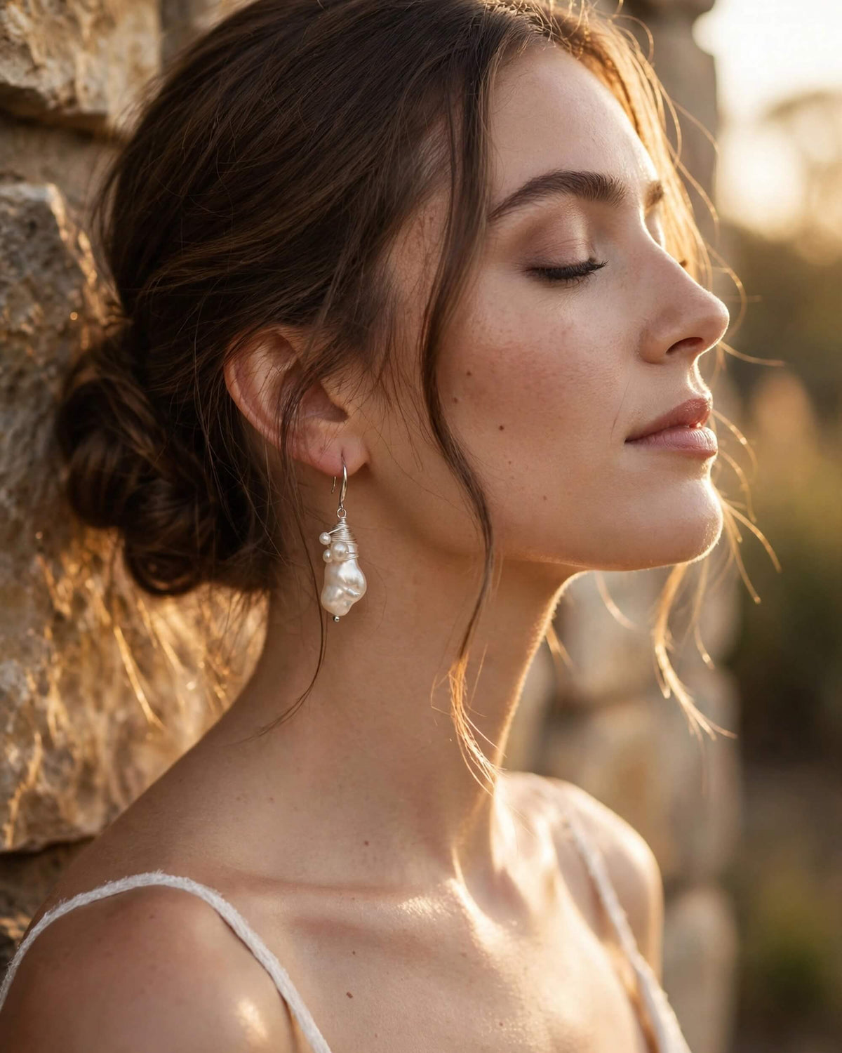 bride wearing baroque pearl dangle earrings with sterling silver hook in elegant low bun hairstyle