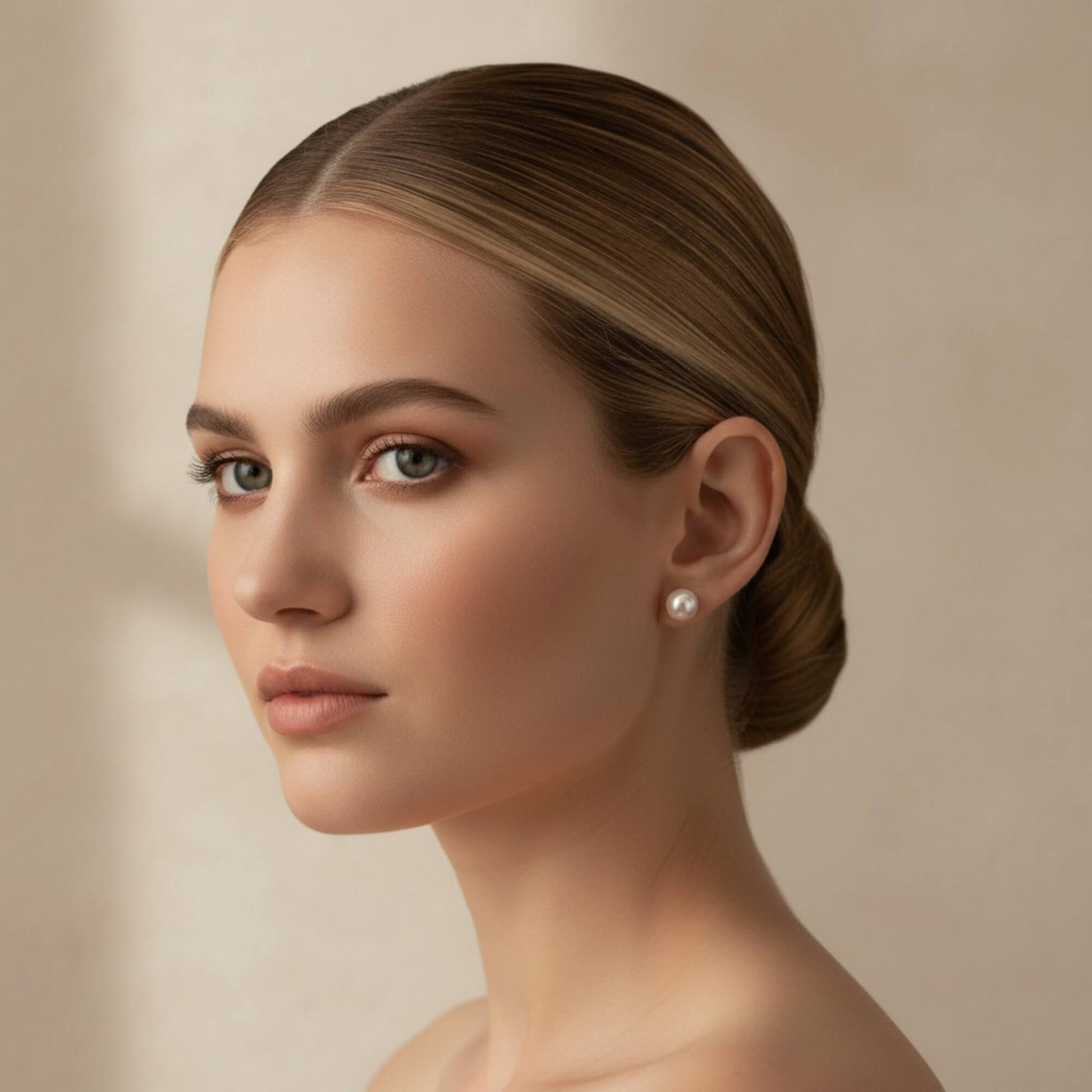 Side profile of a bride with a low bun wearing pearl earrings in soft natural lighting.