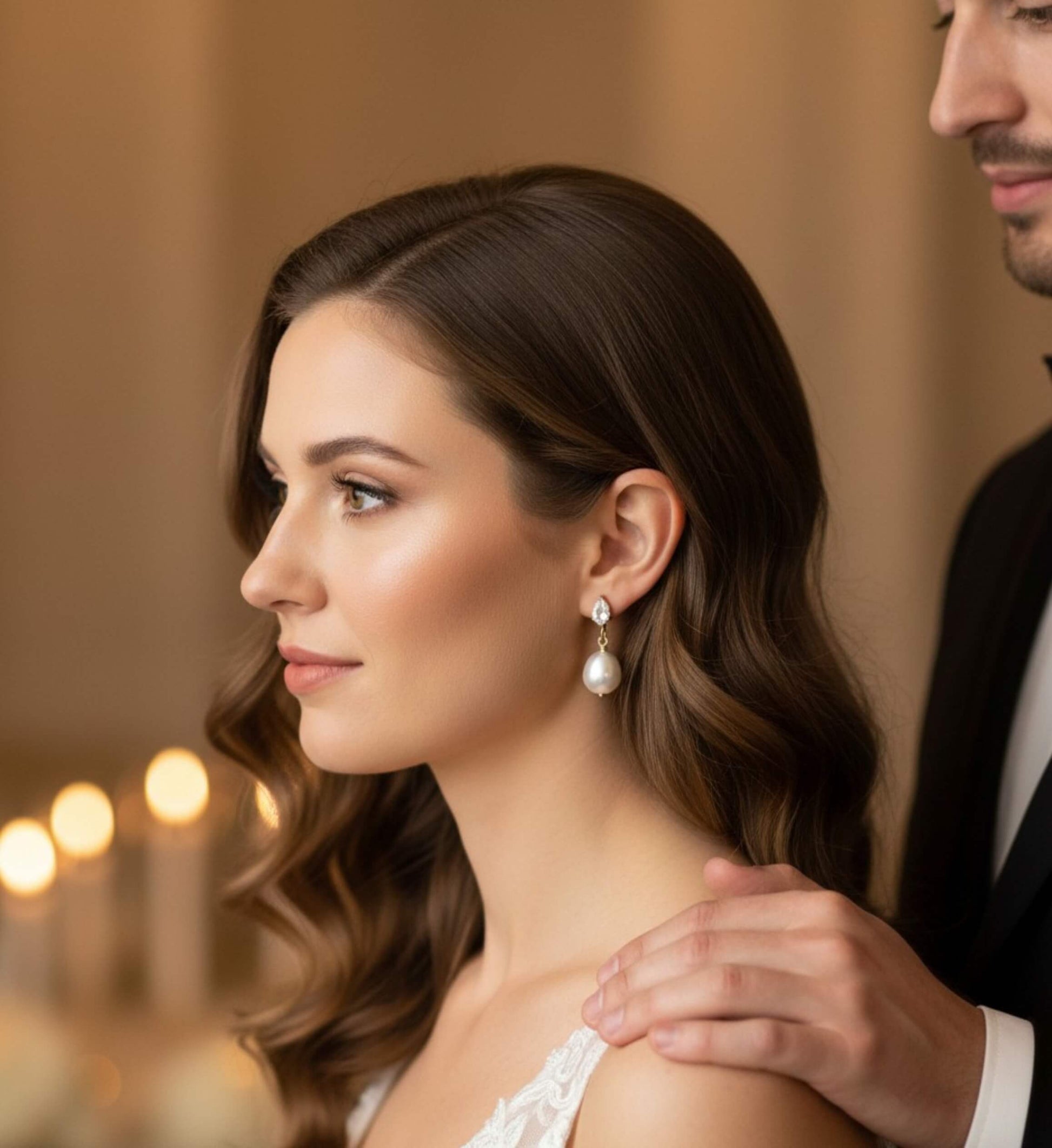 Bride in soft natural light wearing gold crystal and pearl drop earrings, elegant bridal styling.