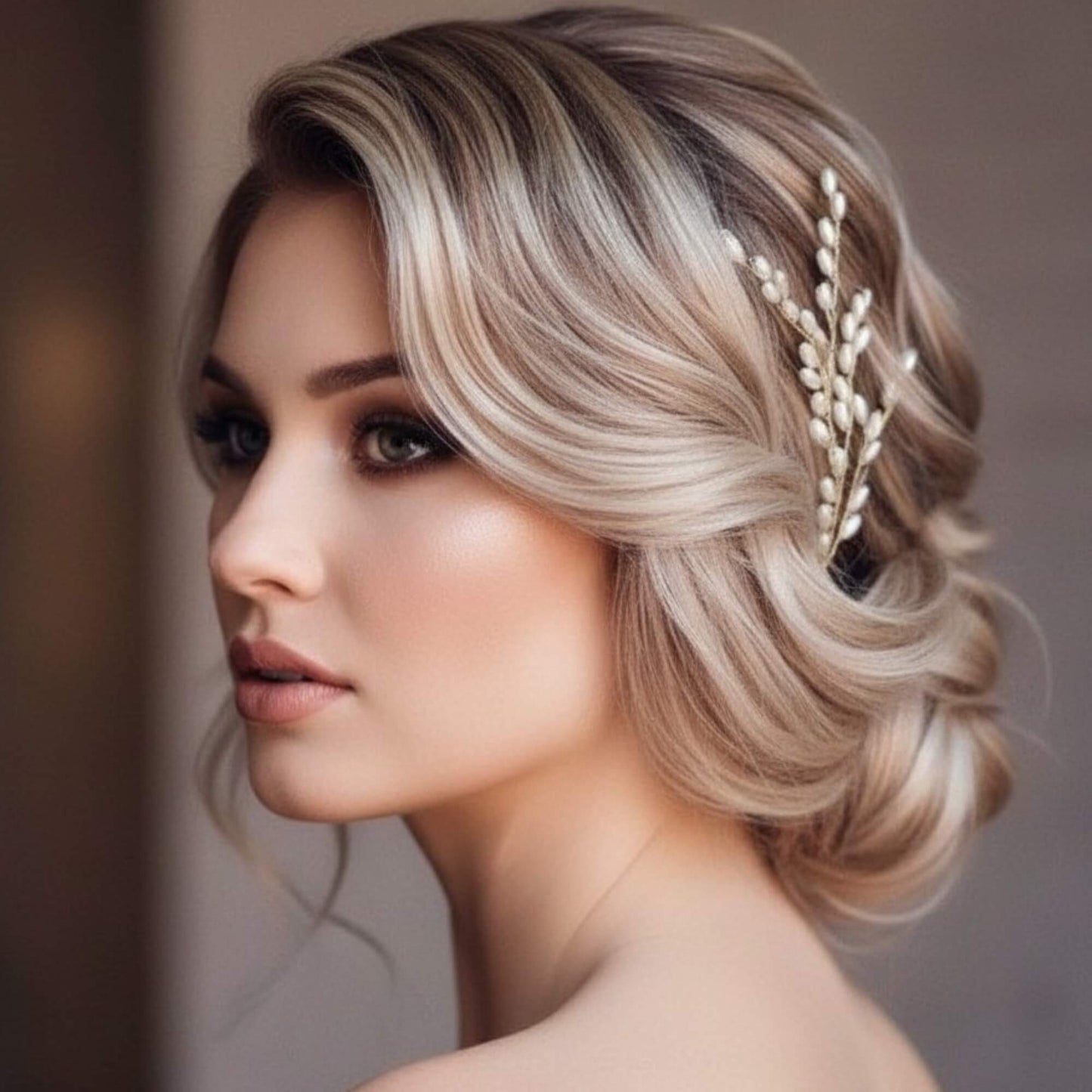 Bride in a textured low bun adorned with a silver pearl hair pin.