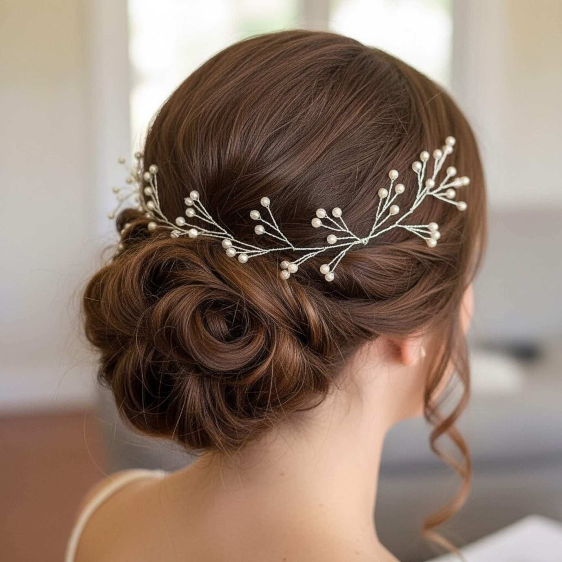 Bridal half‑up braid featuring a minimal pearl hairvine