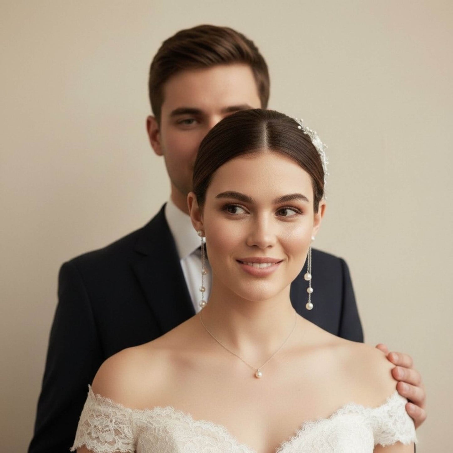 Bride adjusting her rose gold pearl earrings while getting ready on wedding morning.
