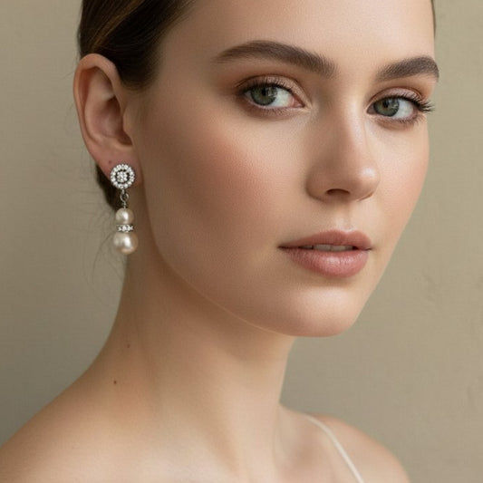 Australian bride wearing pearl and crystal drop earrings, close-up of ear and neckline in soft natural bridal lighting.