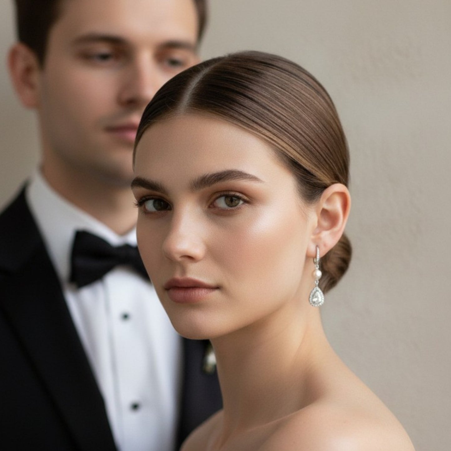 Side profile of bride showing pearl and crystal teardrop earrings, minimal makeup and soft bridal mood.