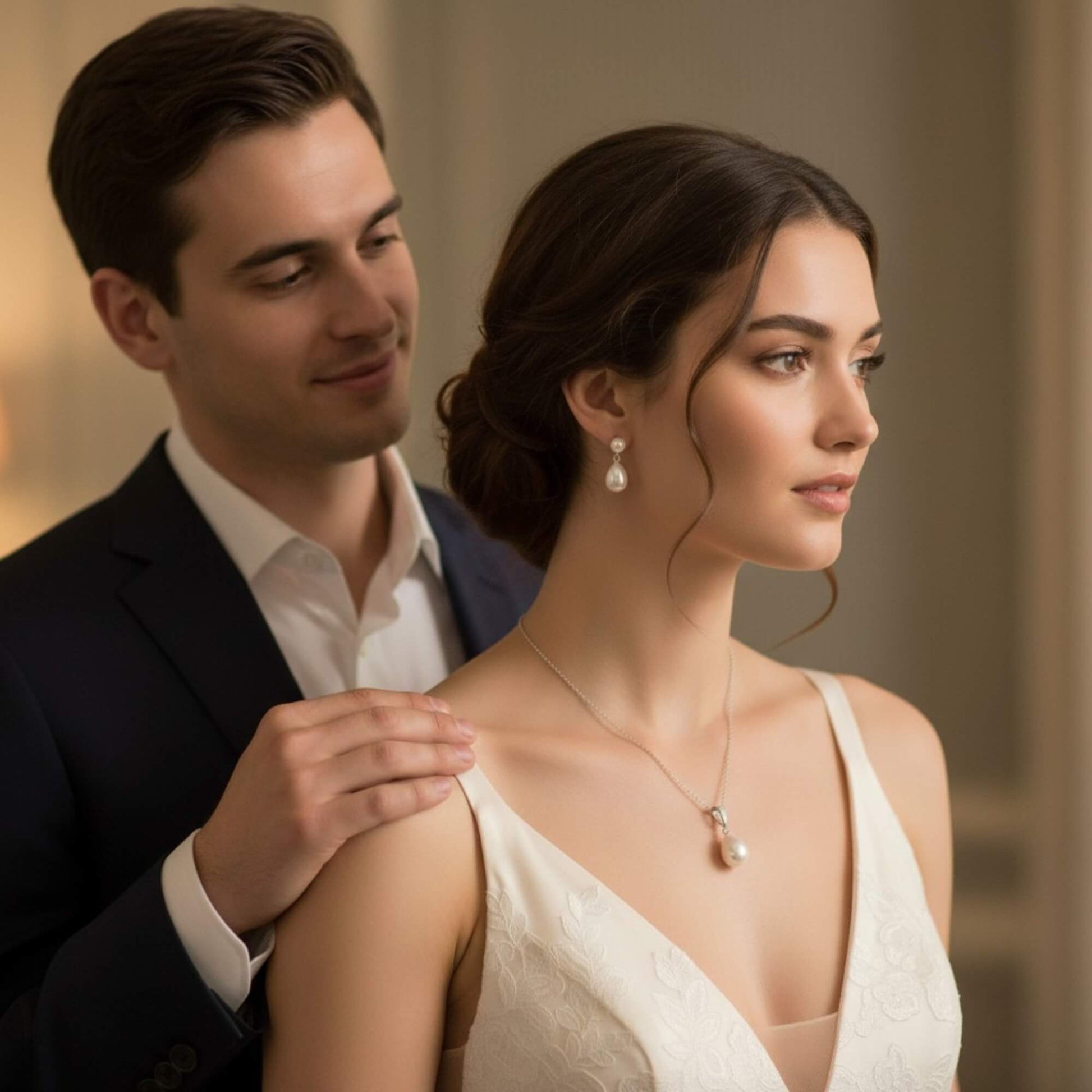 Bride shown from the side wearing silver teardrop pearl earrings and necklace, soft lighting, elegant bridal look