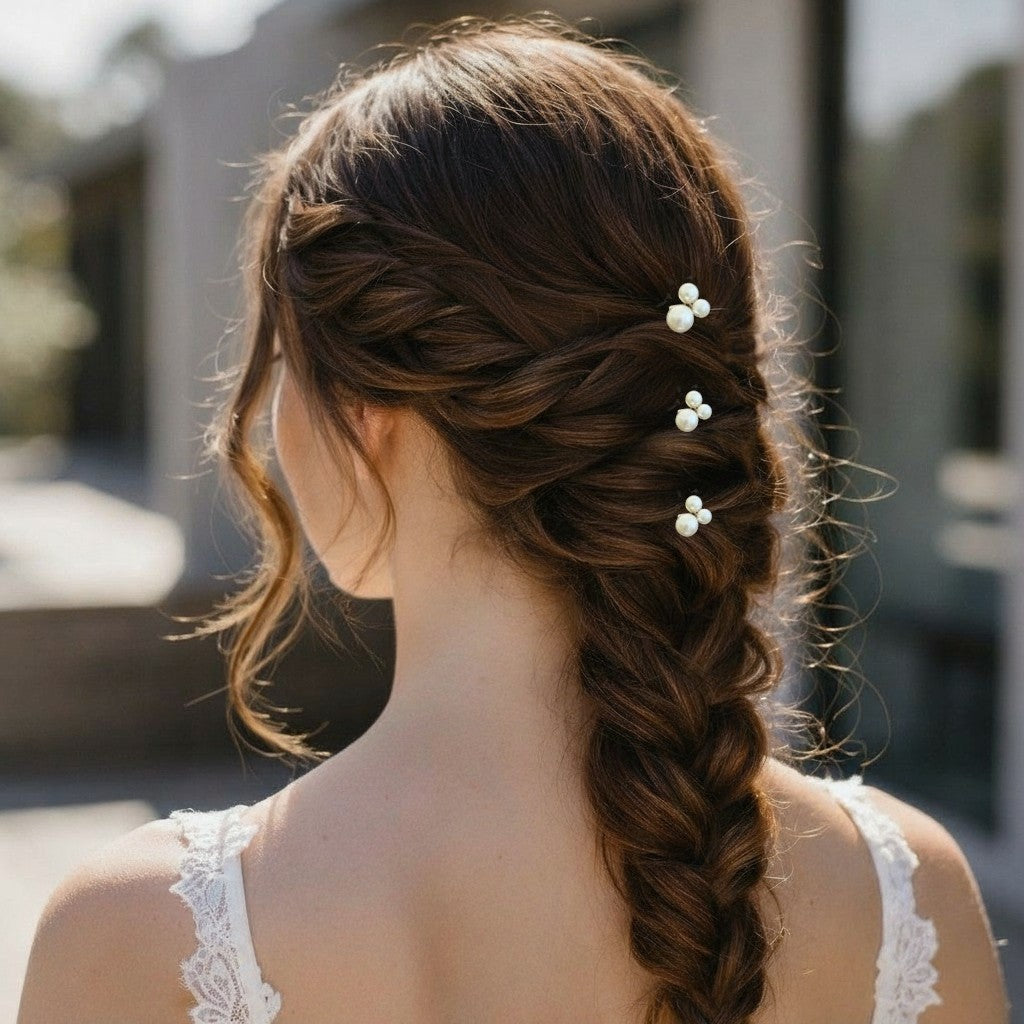 The Bride with braided hair adorned with pearl hairpins, wearing a white lace top.