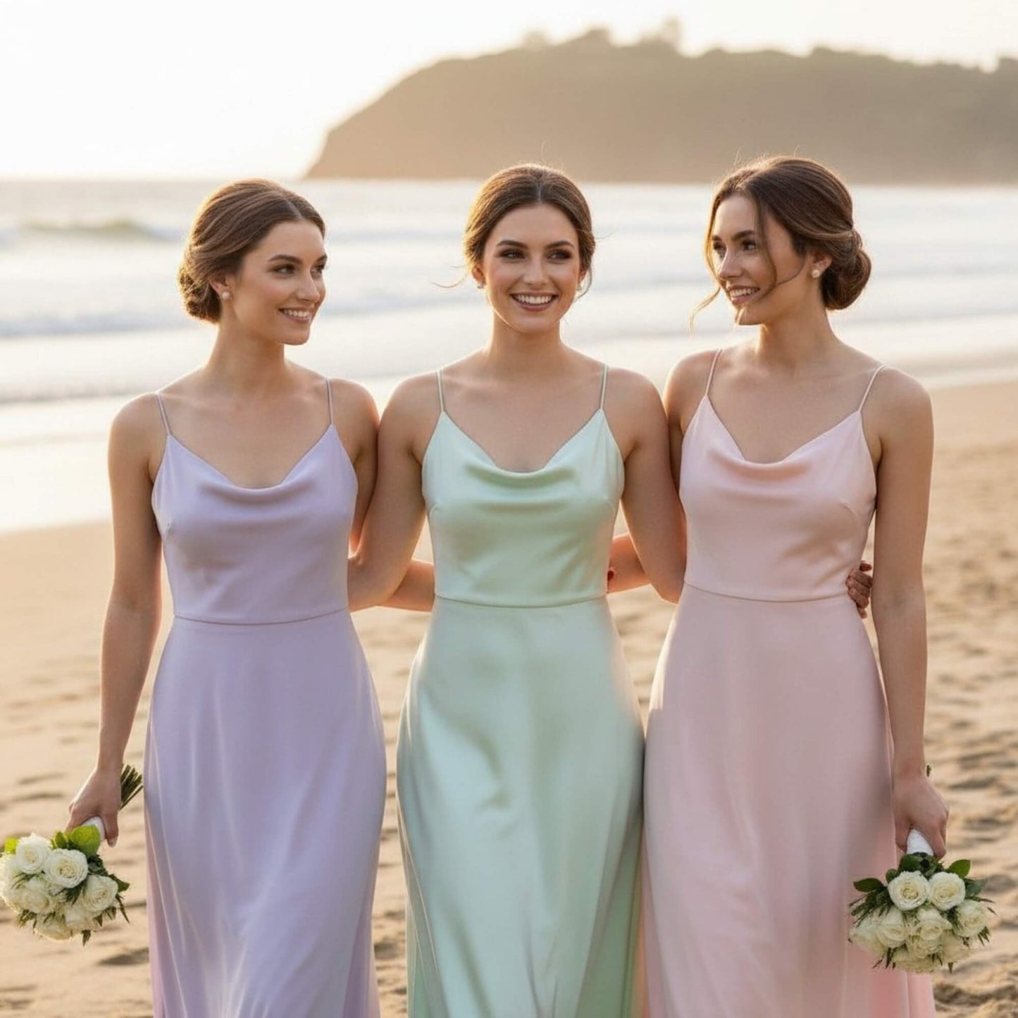 Bridesmaid  wedding wearing classic pearl studs, minimalist off‑shoulder dress and veil