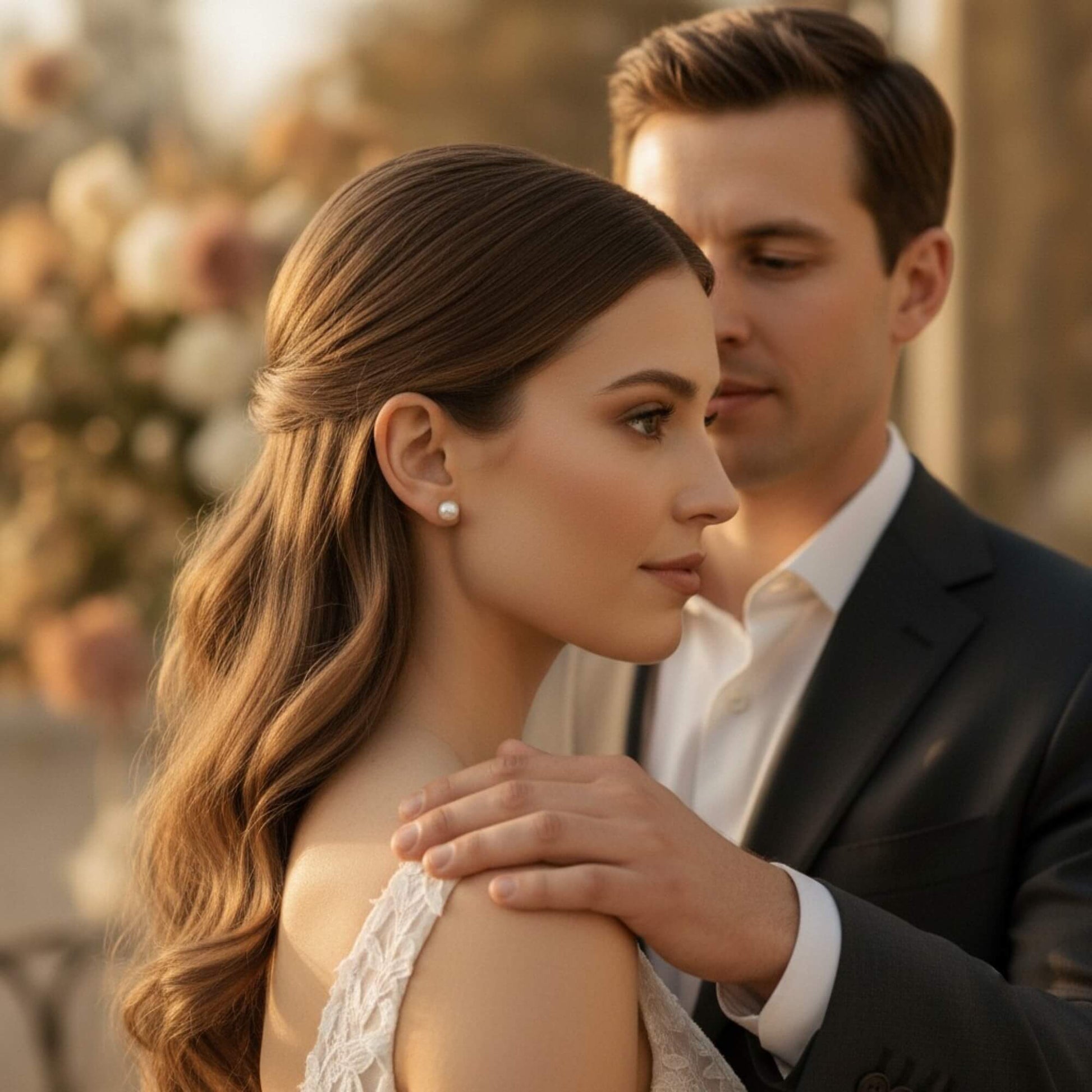 Bride wearing pearl earrings in warm golden hour light with groom softly blurred behind her.